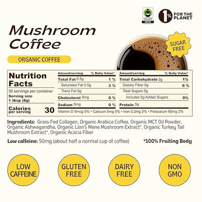 JIBBY Mushroom Coffee - Organic Instant Coffee Powder with Collagen, MCT Oil, Superfood Mushrooms - Detox Mushroom Coffee ...