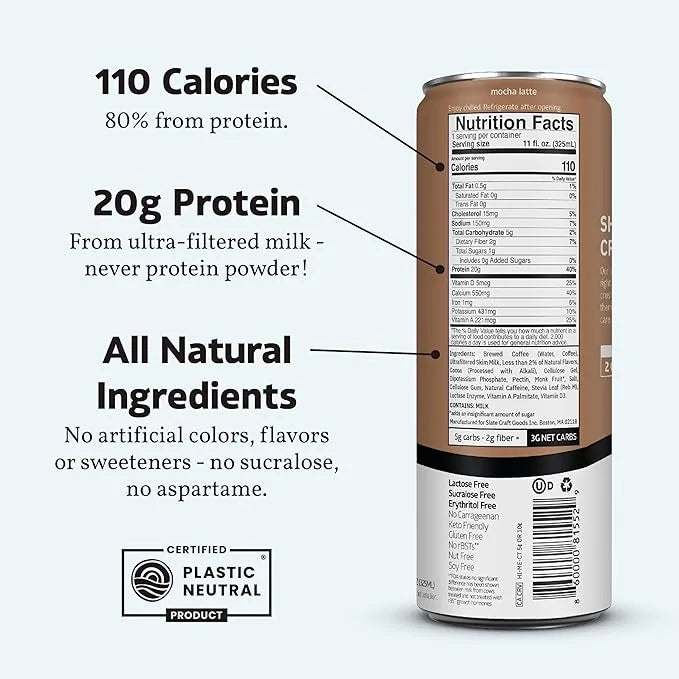 Slate Milk - High Protein Iced Coffee - Mocha Latte - 175mg Caffeine, Lactose Free Energy - 20g Protein, 1g Sugar, 110 Cal...
