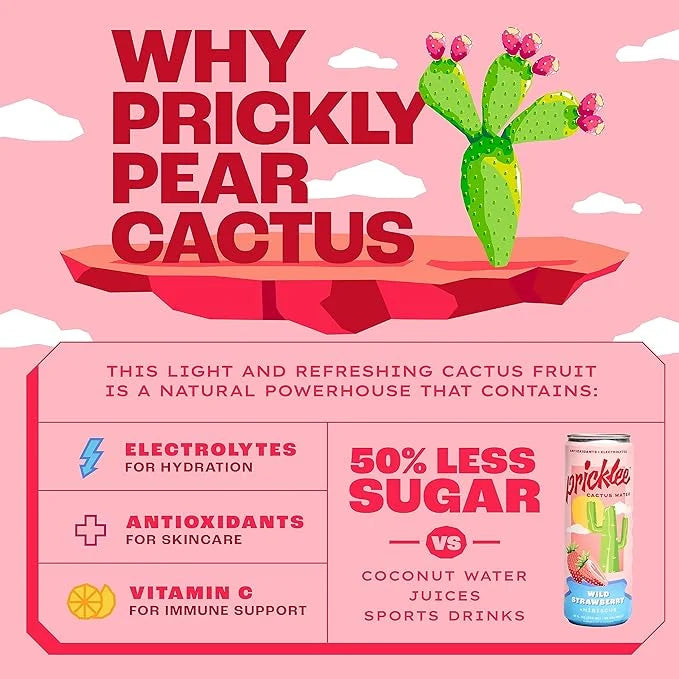 Pricklee Wild Strawberry Cactus Water - Packed With Antioxidants, Electrolytes, Vitamin C - Natural Sports Drink for Immun...