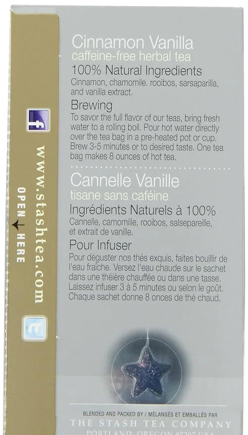 Stash Tea Cinnamon Vanilla Herbal Tea - Naturally Caffeine Free, Non-GMO Project Verified Premium Tea with No Artificial I...