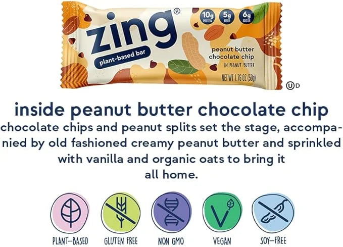 Zing Peanut Butter Chocolate Chip Vegan Protein Bars, Gluten Free with High Protein, High Fiber, Dairy Free Nutrition Bars...
