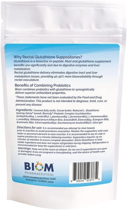 High Potency 500mg Reduced L-Glutathione (Setria Brand) + Probiotic Suppository. Maximum Bioavailable Glutathione Formulat...
