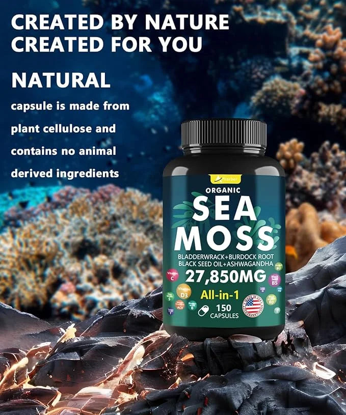 Sea Moss Capsules，Irish Sea Moss Capsules - with Aşhwagandha, Black Seed Oil & Turmeric - 150 Capsules - Product Image
