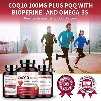 CoQ10-100mg-Softgels with PQQ, BioPerine & Omega-3, Q10 Supplement, 120 Servings,