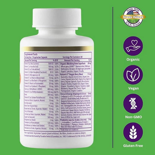 Paradise Herbs Earth's Blend Once Daily Multivitamin for Men, No Iron, 48 Organic Superfoods, Probiotics, and Vitamins A, ...