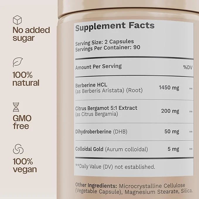 Berberine Supplement 1450mg, Ultra High Potency Berberine Complex with Citrus Bergamot, Colloidal Gold & Berberine Hcl, Di...