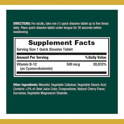 Nature's Bounty Vitamin B12, Supports Energy 500mcg, 100 100 Quick