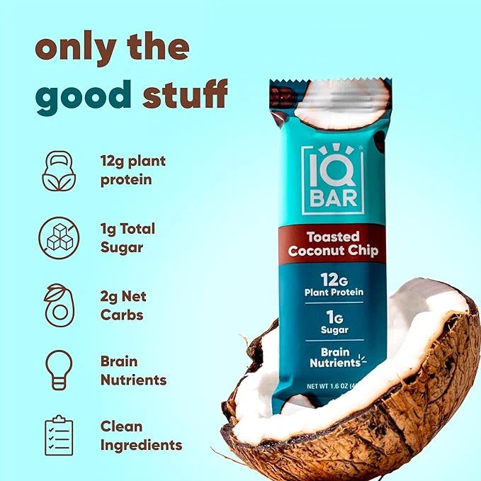 IQBAR Brain and Body Plant Protein Bars - Toasted Coconut Chip - 12-Count Low Carb - Gluten Free, High Fiber, Vegan Snacks...