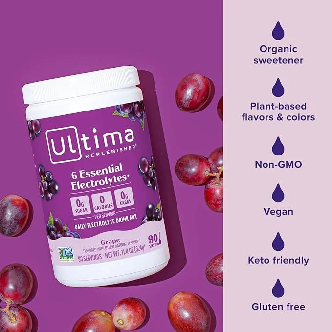 Ultima Replenisher Daily Electrolyte Powder Drink Mix – Grape, 90 Servings – Hydration Powder with 6 Key Electrolytes and ...
