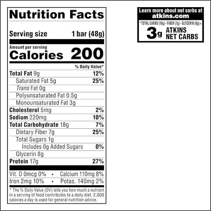 Atkins Chocolate Chip Granola Protein Meal Bar, High Fiber, 17g Protein, 1g Sugar, 3g Net Carbs, Meal Replacement, Keto Fr...