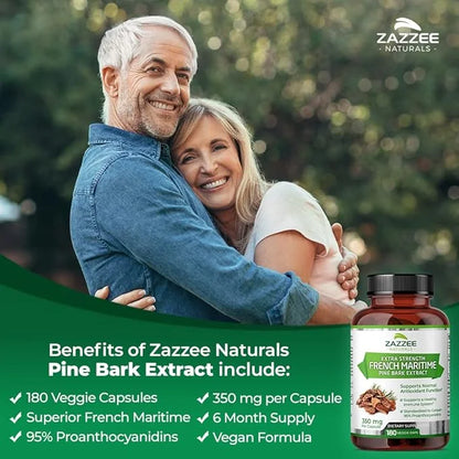 Zazzee Extra Strength French Maritime Pine 350 mg 180 Vegan 95% Proanthocyanidins, 6 Month