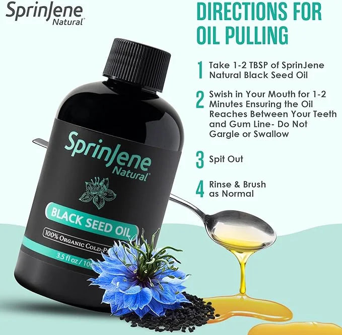 SprinJene Natural® 100% Pure Organic Black Seed Oil Cold Pressed for Oral Wellness, Nigella Sativa Black Seed Oil, Black C...