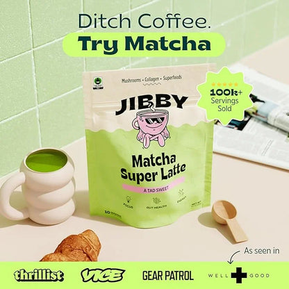 JIBBY Mushroom Matcha Super Latte - Ceremonial Grade Green Tea Organic Matcha Powder, Collagen, MCT Oil, Superfood Mushroo...