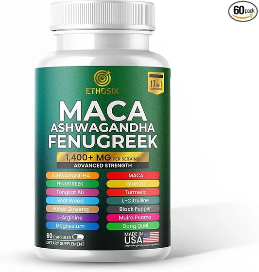 Maca Root Ashwagandha Supplement – 1,400+ MG, 60 Capsules, 17-in-1 for Energy, Stress, Hormonal Health, Non-GMO, with Fenu...