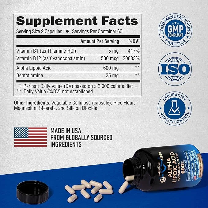 Alpha Lipoic Acid 600mg 4-in-1 with B1 & B12 - 120 Capsules, 2 Month