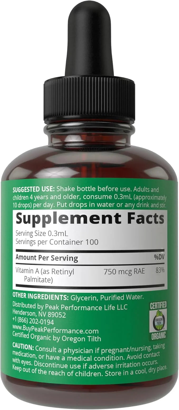 USDA Organic Vitamin A Liquid Drops Supplement. Vegan High Bioavailability For Eye, Skin, and Bone Health. For Adults, Men...