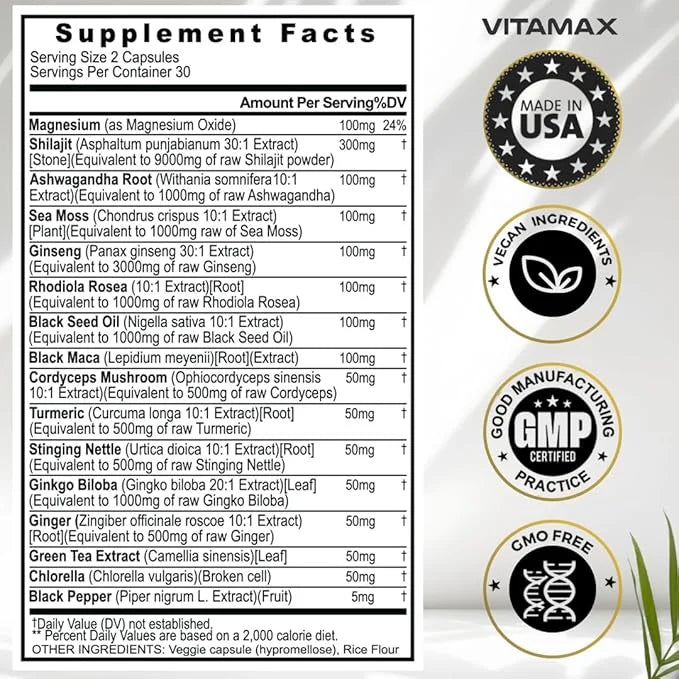 Pure Himalayan Shilajit Supplement 10,000mg Ashwagandha 6,000mg Sea 2,000mg Rhodiola 1000MG Gingko 500mg Trace (60 Count 2)