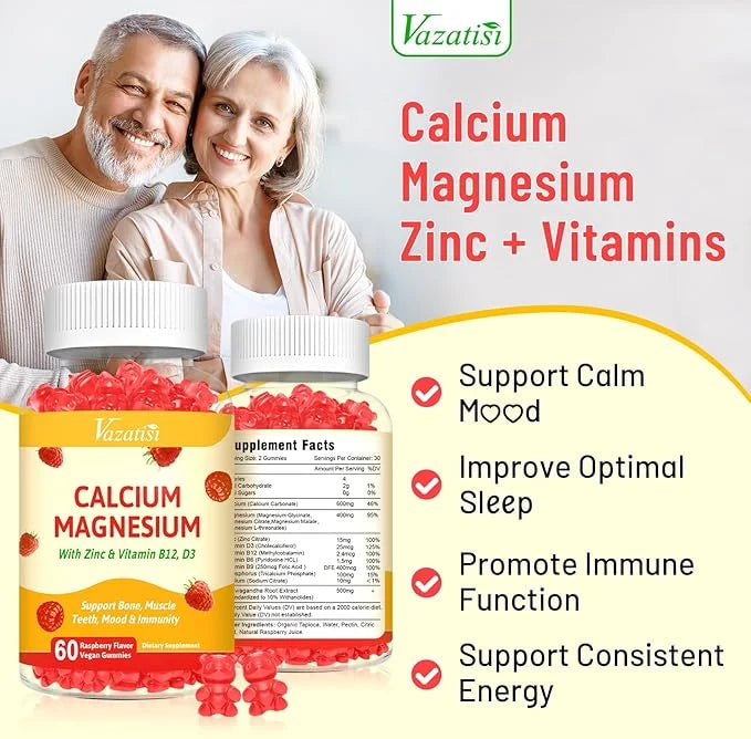 2 Pack Calcium Magnesium Zinc Gummies D3 & B12, Sugar