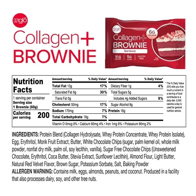 321glo Collagen Protein Brownie | Gluten Free, Low Sugar | Keto Snack for Women, Men, & Kids | 16g Protein, 6g Collagen | ...