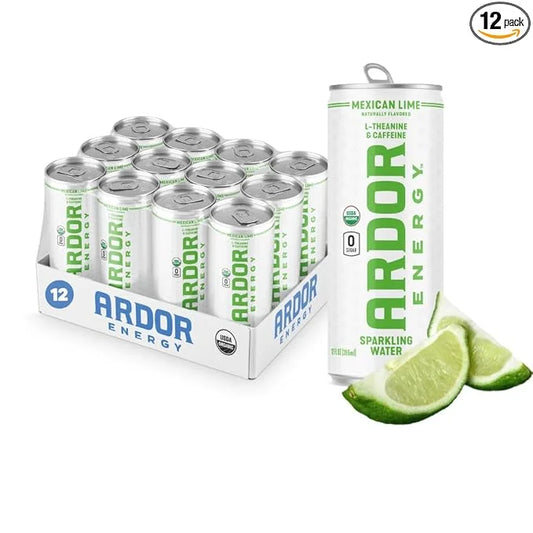 ARDOR ENERGY Sparkling Water Mexican Lime 12 pack with 100mg Organic Caffeine from Green Tea & 200mg Organic L-Theanine (F...