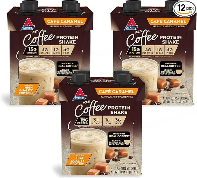Atkins Café Caramel Iced Coffee Protein Shake, 15g Protein, Low Glycemic, 3g Net Carb, 1g Sugar, Keto Friendly, 12 Count -...