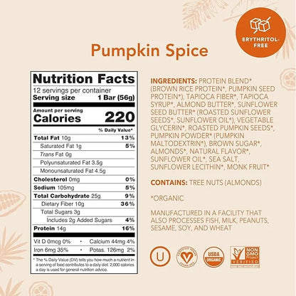 ALOHA Organic Plant Based Protein Bars - Pumpkin Spice, Vegan, Low Sugar, Gluten-Free, Low Carb, Non-GMO, No Stevia, No Er...