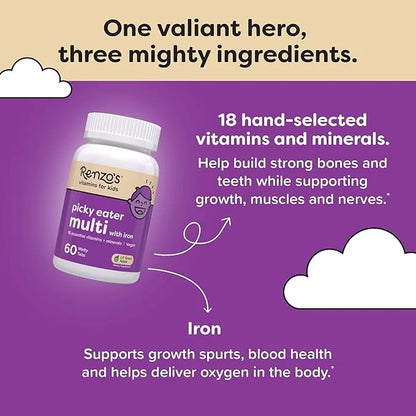 Renzo’s Picky Eater Kids Multivitamin with Iron D3 & K2 and 60 Sugar-Free