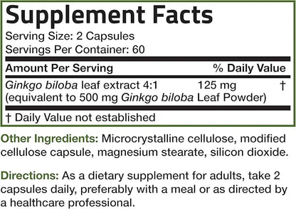 Bronson Ginkgo Biloba Extra Strength Supports Brain Function & Memory Support, 120 Vegetarian Capsules - Product Image