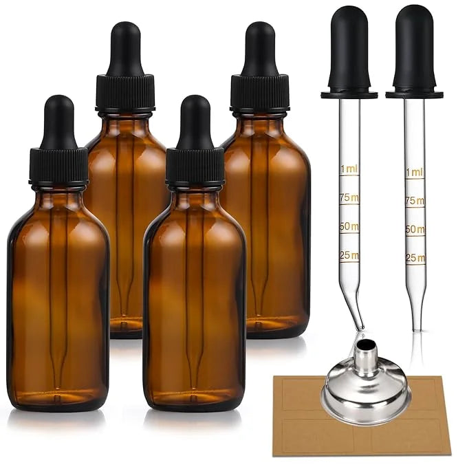 4 Pack, 1 oz Amber Glass Dropper Bottles Plus 2pcs Graduated Calibrated Glass Pipettes (1ml)- 30ml Dark Brown Tincture Bot...