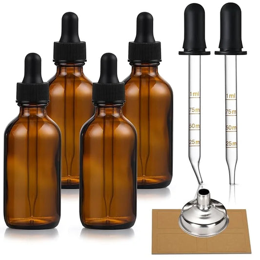 4 Pack, 1 oz Amber Glass Dropper Bottles Plus 2pcs Graduated Calibrated Glass Pipettes (1ml)- 30ml Dark Brown Tincture Bot...