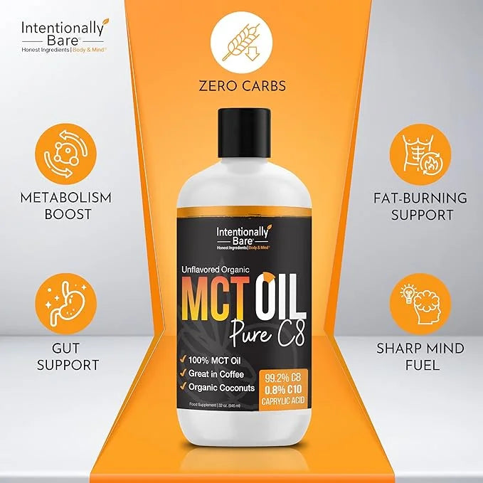 Intentionally Bare Pure C8 MCT Oil Organic - Brain Octane C8 MCT Oil for Keto Paleo & Vegan Diet - Unflavored MCT Oil C8 f...