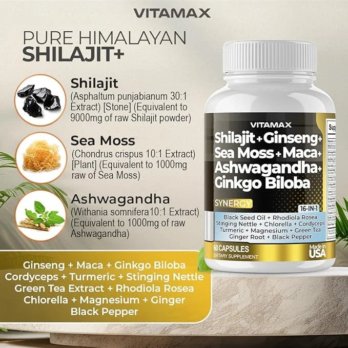 Pure Himalayan Shilajit Supplement 10,000mg Ashwagandha 6,000mg Sea 2,000mg Rhodiola 1000MG Gingko 500mg Trace (60 Count 2)