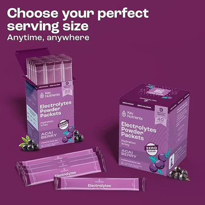 KEY NUTRIENTS Multivitamin Electrolytes Powder Packets - Delicious Acai Berry 40 Pack Hydration Packets - Travel Hydration...