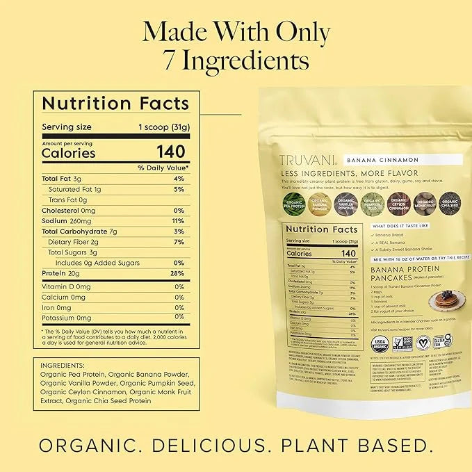 Truvani Vegan Pea Protein Powder | Banana Cinnamon | 20g Organic Plant Based Protein | 20 Servings | Keto | Gluten & Dairy...