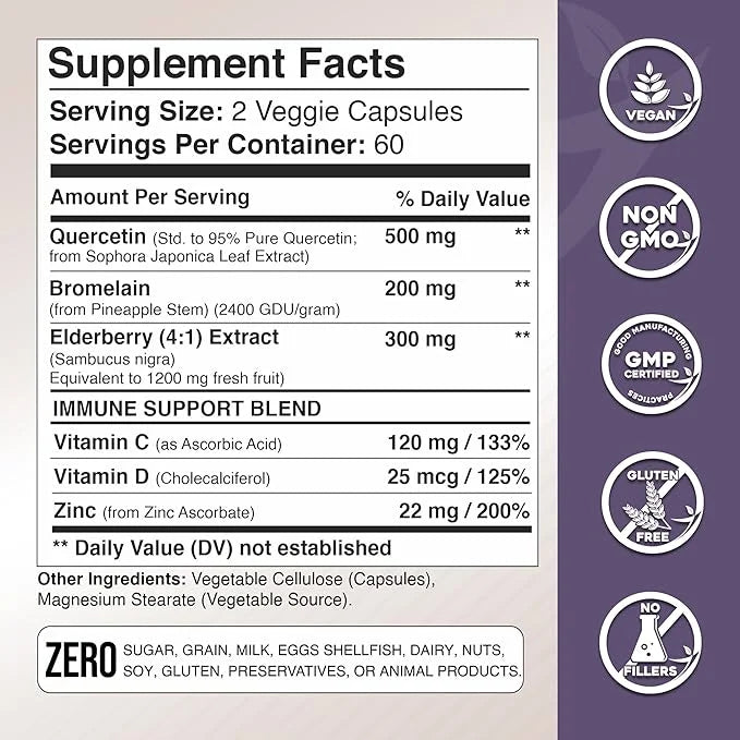 Quercetin with Vitamin C and Zinc 500mg - D3 - 6 in 1 Daily