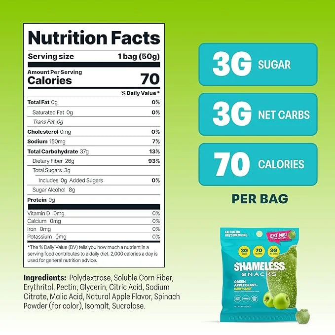 Shameless Snacks - Healthy Low Calorie Snacks, Low Carb Keto Gummies (Gluten Free Candy) - 6 Pack Green Apple Blast - Prod...