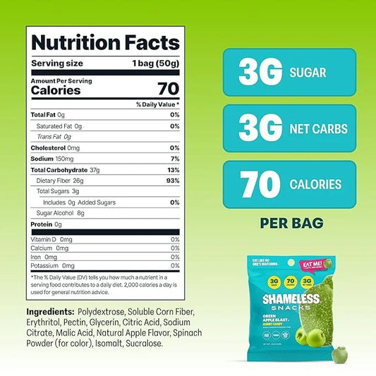 Shameless Snacks - Healthy Low Calorie Snacks, Low Carb Keto Gummies (Gluten Free Candy) - 6 Pack Green Apple Blast - Prod...