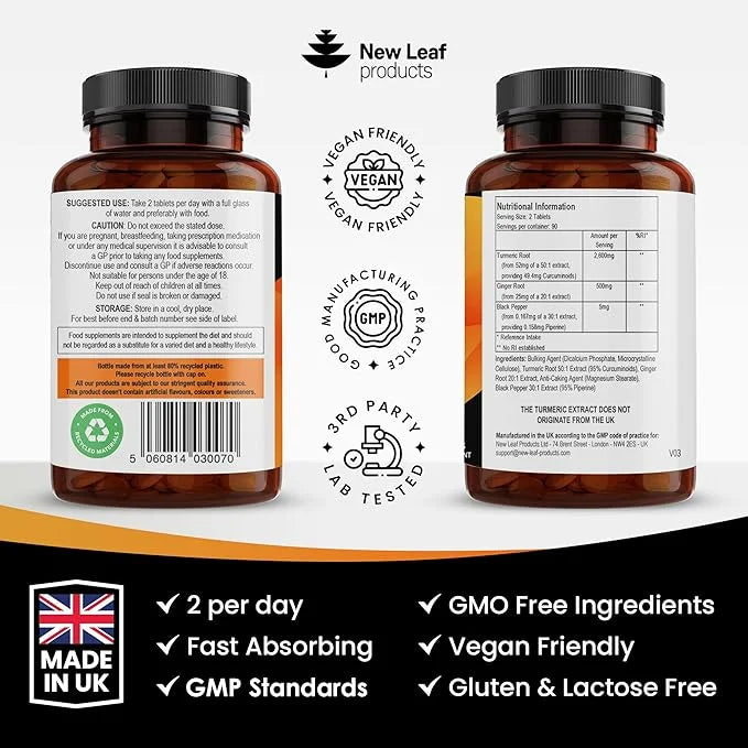 Turmeric Tablets 2600mg with Black Pepper 95% Curcumin 180 and (3 Month)