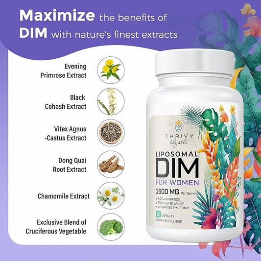 Liposomal DIM Supplement - 1500 mg Women DIM Supplement - Estrogen Supplements Contain Vitamin E, Evening Primrose, Black ...