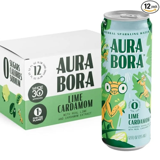 Aura Bora, Lime Cardamom Herbal Sparkling Water, 12 oz Can (Pack of 12), 0 Calories, 0 Sugar, 0 Sodium, Non-GMO - Product ...