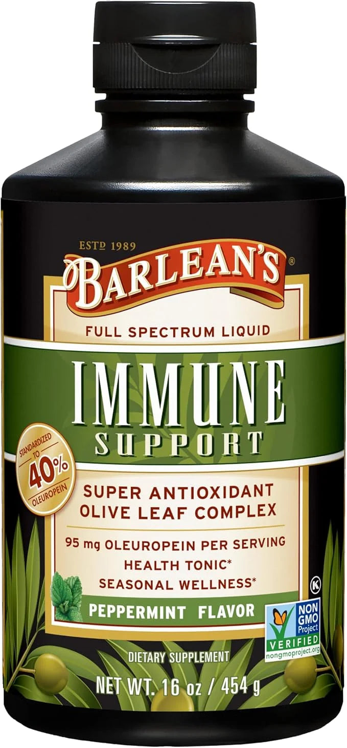 Barlean's Peppermint Olive Leaf Complex Liquid Immune Support Supplement with 95mg Oleuropein Antioxidants, 16 Ounce - Pro...