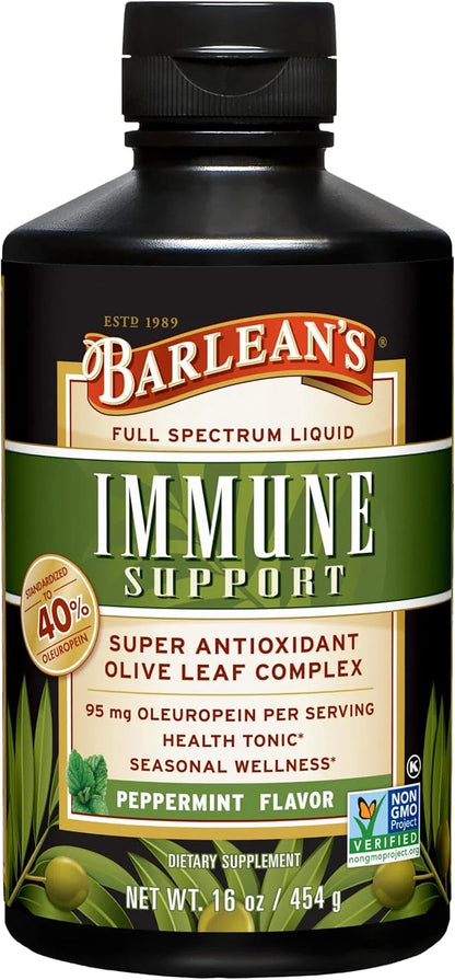 Barlean's Peppermint Olive Leaf Complex Liquid Immune Support Supplement with 95mg Oleuropein Antioxidants, 16 Ounce - Pro...