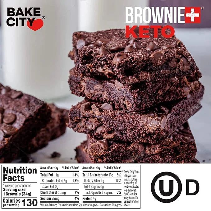 Bake City Brownie+ Keto | 1.2oz Brownie (12 pack), Gluten Free, 0g Sugar, Only 3g Net Carbs, Good Fats, 4g Protein, Kosher...