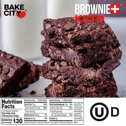 Bake City Brownie+ Keto | 1.2oz Brownie (12 pack), Gluten Free, 0g Sugar, Only 3g Net Carbs, Good Fats, 4g Protein, Kosher...
