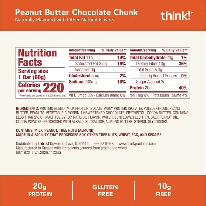 think! Protein Bars, High Protein Snacks, Gluten Free, High Fiber, Peanut Butter Chocolate Chunk, 10 Count - Product Image