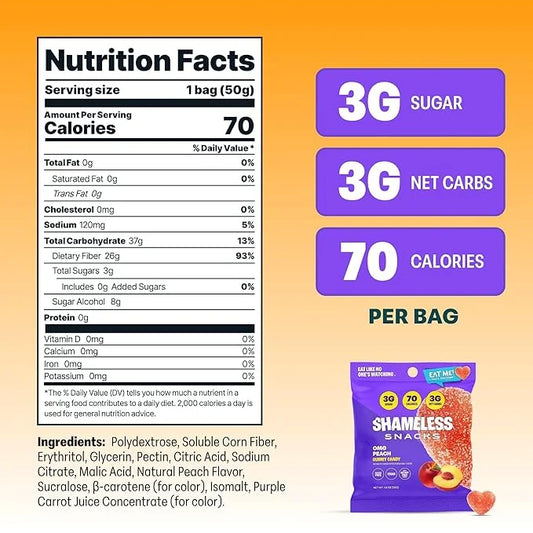 Shameless Snacks - Healthy Low Calorie Snacks, Low Carb Keto Gummies (Gluten Free) - 6 Pack OMG Peach - Product Image
