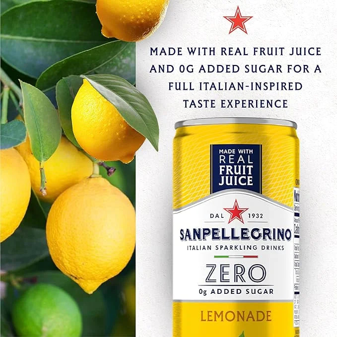 Sanpellegrino Zero Grams Added Sugar Italian Sparkling Drinks Lemonade, Sparkling Lemon Beverage, 24 Pack of 11.15 Fl Oz C...