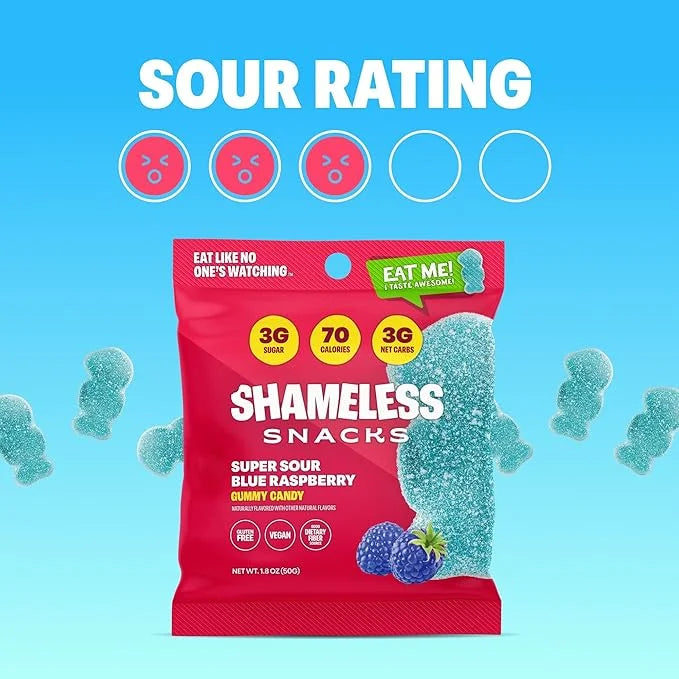 Shameless Snacks - Healthy Low Calorie Snacks, Low Carb Keto Gummies (Gluten Free Candy) - 6 Pack Sour Blue Raspberry - Pr...