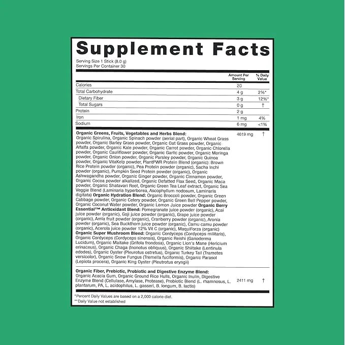 Zena Greens Organic Supergreens Powder 30 8g 8g Sticks |70+ Superfood 3G Fiber 0 Sugar
