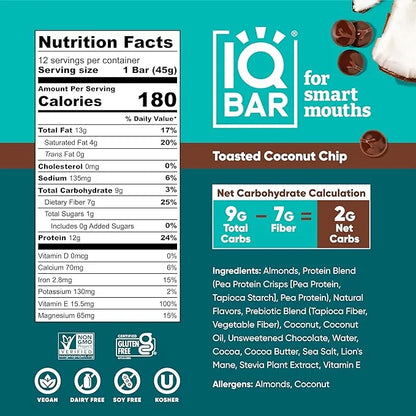 IQBAR Brain and Body Plant Protein Bars - Toasted Coconut Chip - 24-Count Low Carb - Gluten Free, High Fiber, Vegan Snacks...